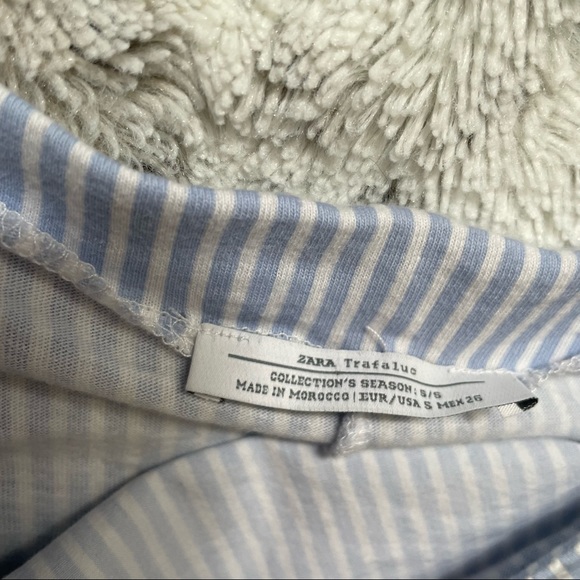 [S] Zara Trafulac Baby Blue & White Striped Fitted Cold Ruffle Shoulder Crop Top - Picture 12 of 12